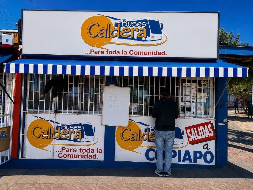 Boletería de Buses Caldera, con el letrero de salidas a Copiapó.